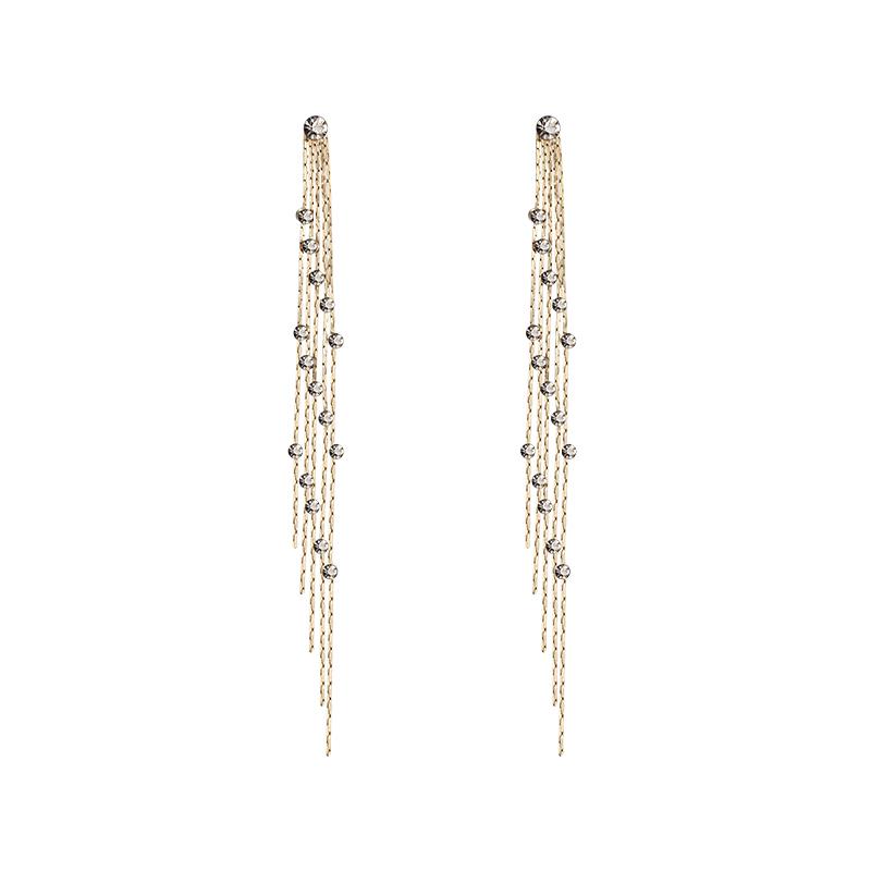 High-grade grey wire mesh red long tassel grey diamond earrings female ear clip without ear hole personality Joker Korea - dianjiang-