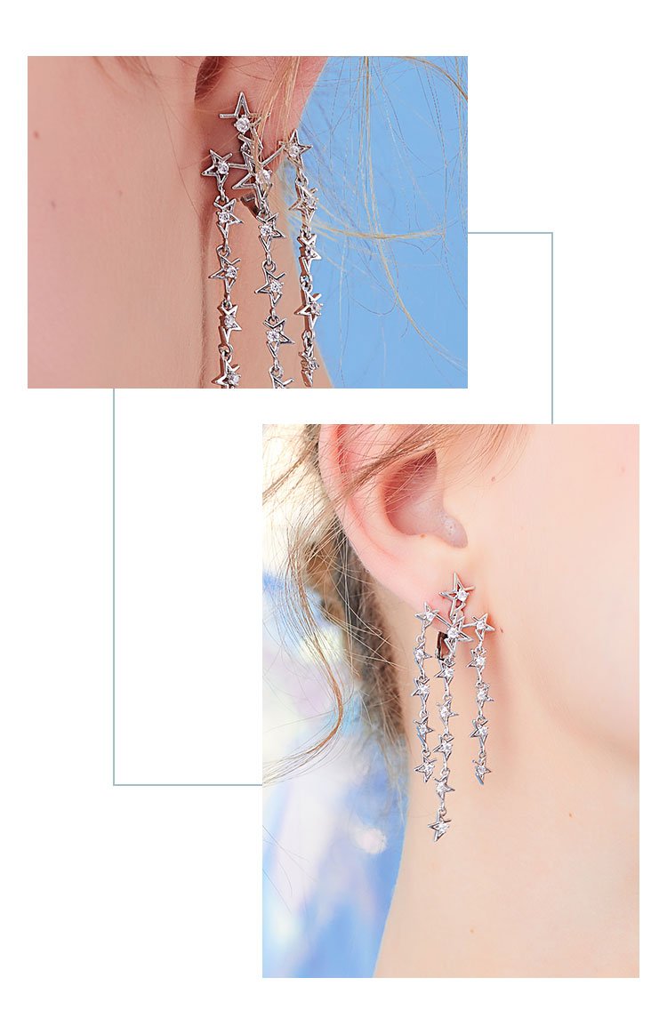 Medium-length round face thin silver stitching missing angle pentagon star flow su ear nail no ear hole ear clip female painless - dianjiang-