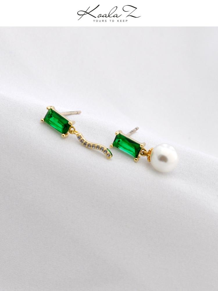 Exquisite emerald delicate zircon asymmetric emerald small pearl earrings earless girl - dianjiang-