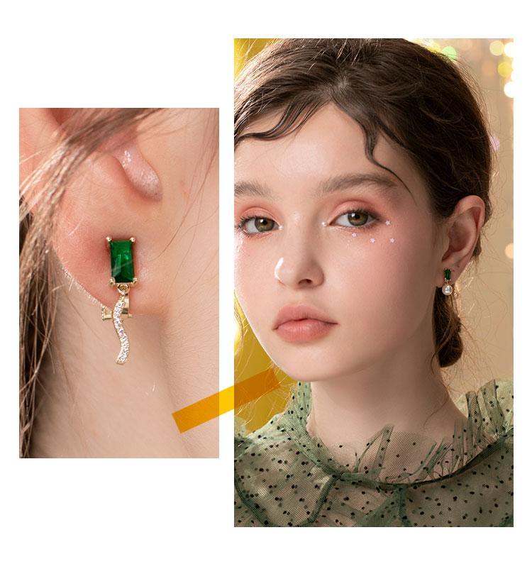 Exquisite and small emerald, exquisite zircon, asymmetric emerald, small pearl, earring, earring clip, girl without earhole - dianjiang-