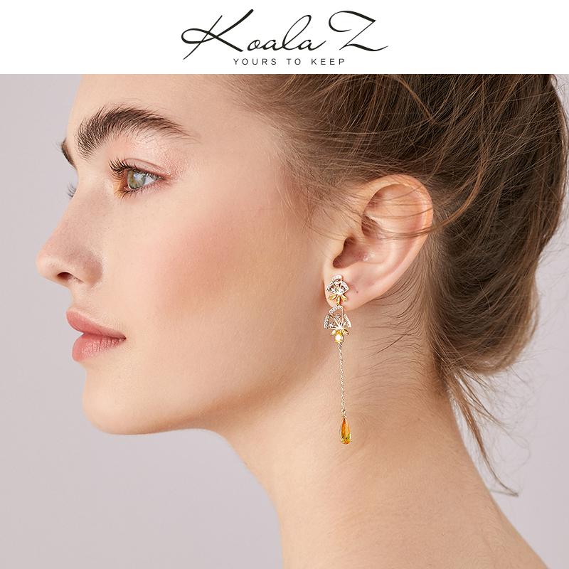 Super-Immortal Heavy Industry hand-made asymmetrical hollowed-out inlaid yellow drill tassel water drop flower earrings ear clip no ear hole girl - dianjiang-