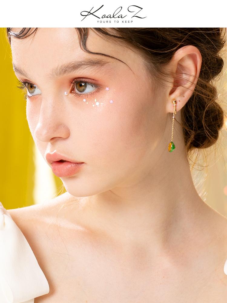 Hand glazed small fresh lemon long asymmetric earrings earrings ear clip without ear hole female lovely Korean - dianjiang-