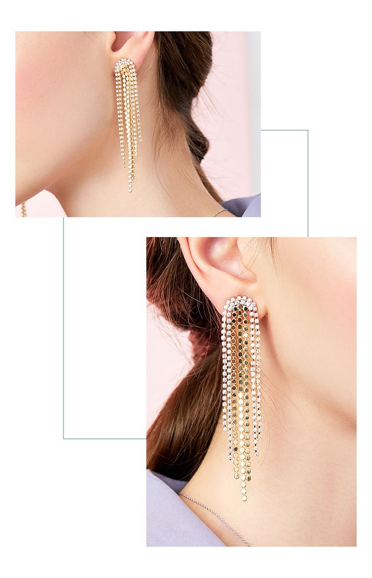 Glittering and luxurious multi-layer dinner style with diamond metal tassel long earrings and ear clips without earholes, female exaggeration in Europe and America - dianjiang-