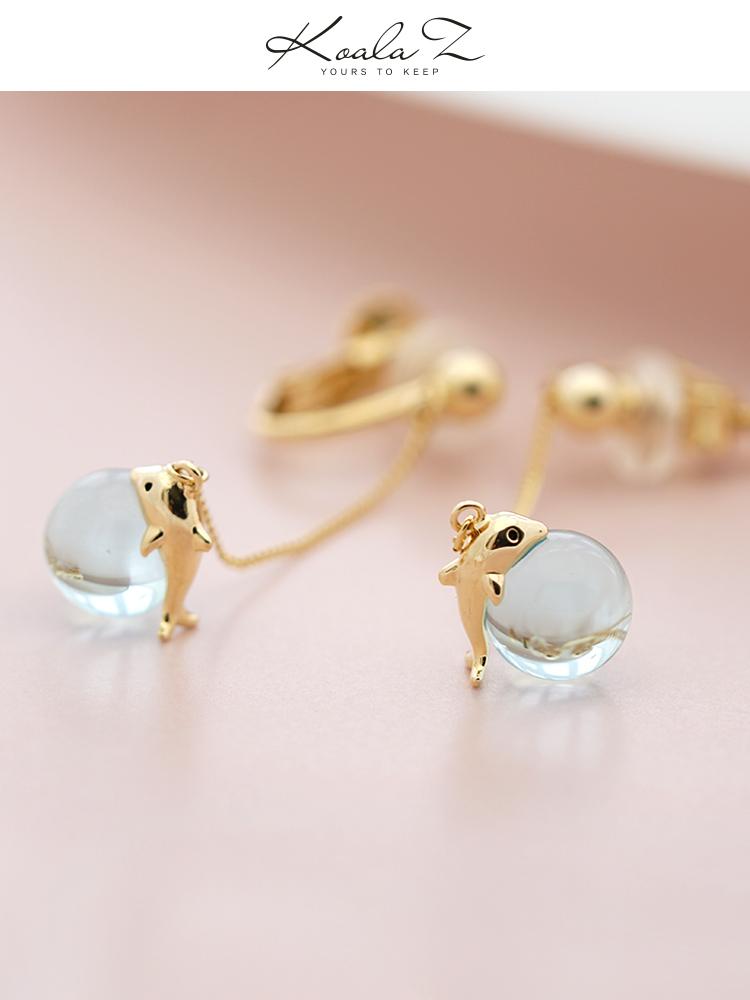 Japanese design fresh lovely young girl heart dolphin blue crystal ball earring earring clip earless female super immortal personality - dianjiang-