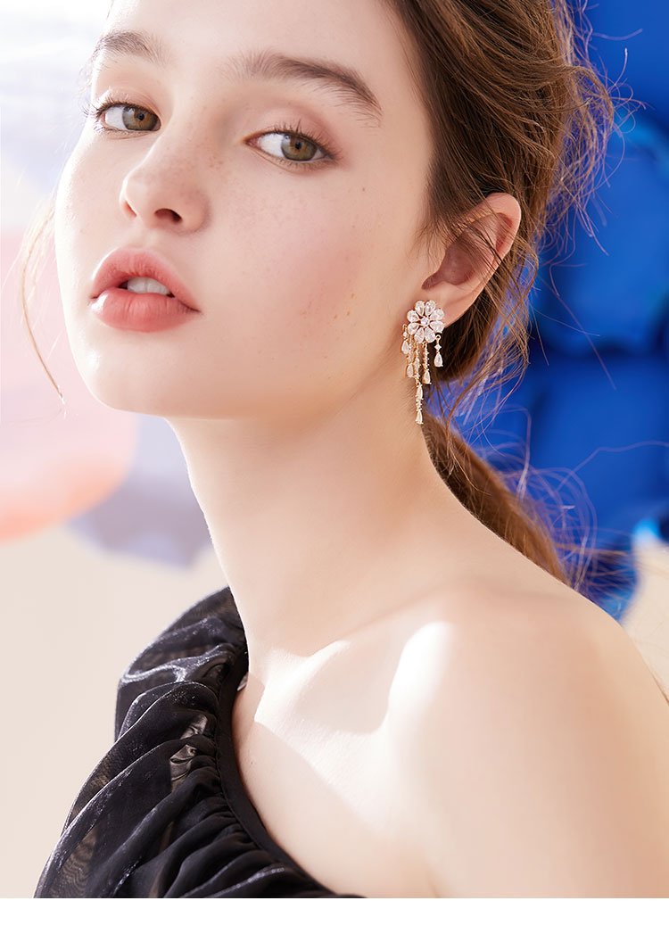 Heavy Industry Hand for 5A Zirconium Smart waterfall flower crystal tassel earrings painless earless clip girl - dianjiang-