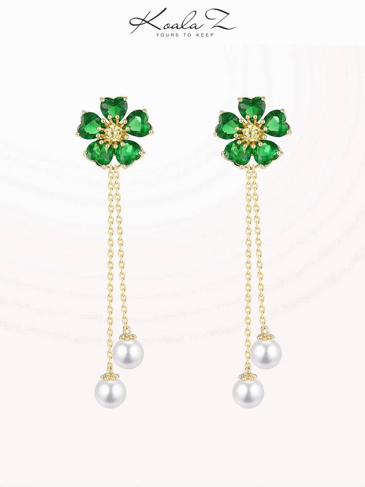 Spring and summer new fresh green tassel flower pearl earrings ear clip earless female crystal Japanese - dianjiang-