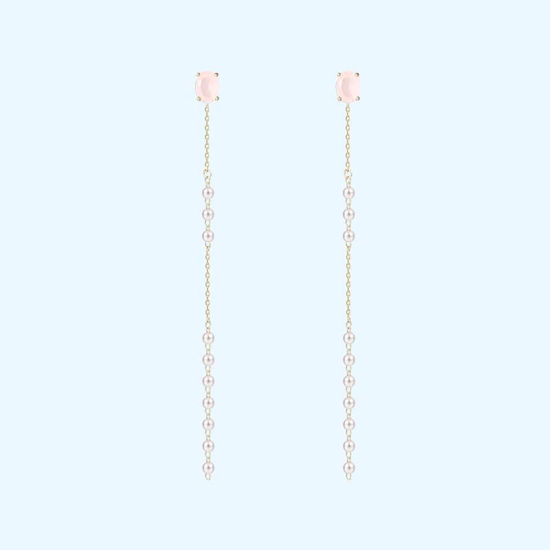 Gentle protein powder Long pink crystal pearl tassel earrings no ear hole female super fairy - dianjiang-