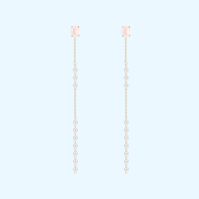 Gentle protein powder Long pink crystal pearl tassel earrings no ear hole female super fairy - dianjiang-