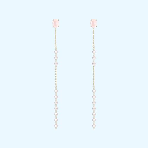 Gentle protein powder Long pink crystal pearl tassel earrings no ear hole female super fairy - dianjiang-