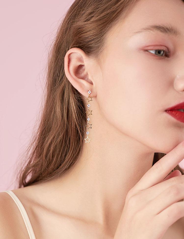 Fine point inlay welding process! Asymmetric love Star Long tassel earring with no ear hole and clip girl temperament - dianjiang-