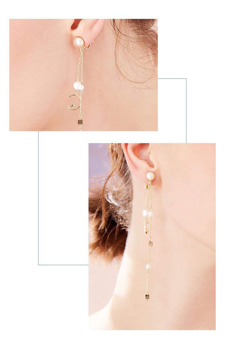 Long cold wind round face thin pentagonal star moon pearl metal Tassel Earrings without ear hole earclip female - dianjiang-