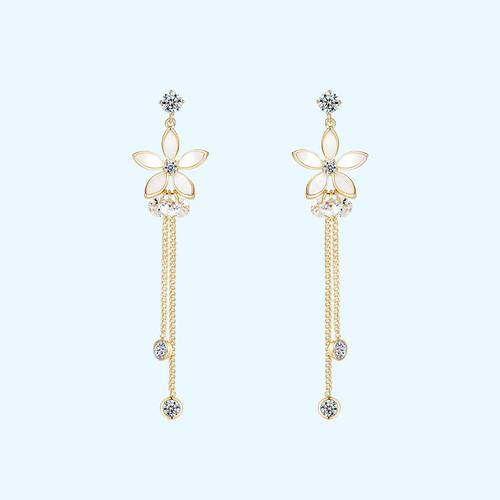 Gentle temperament, metal shell, flower, crystal tassel, ear stud, no ear hole, no pain - dianjiang-