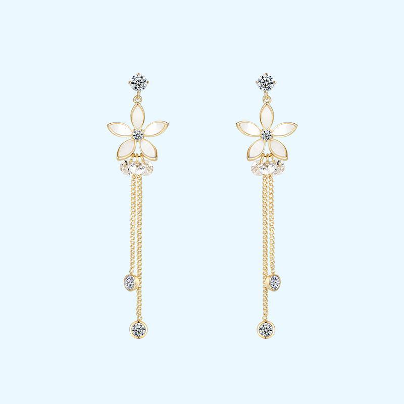 Gentle temperament, metal shell, flower, crystal tassel, ear stud, no ear hole, no pain - dianjiang-