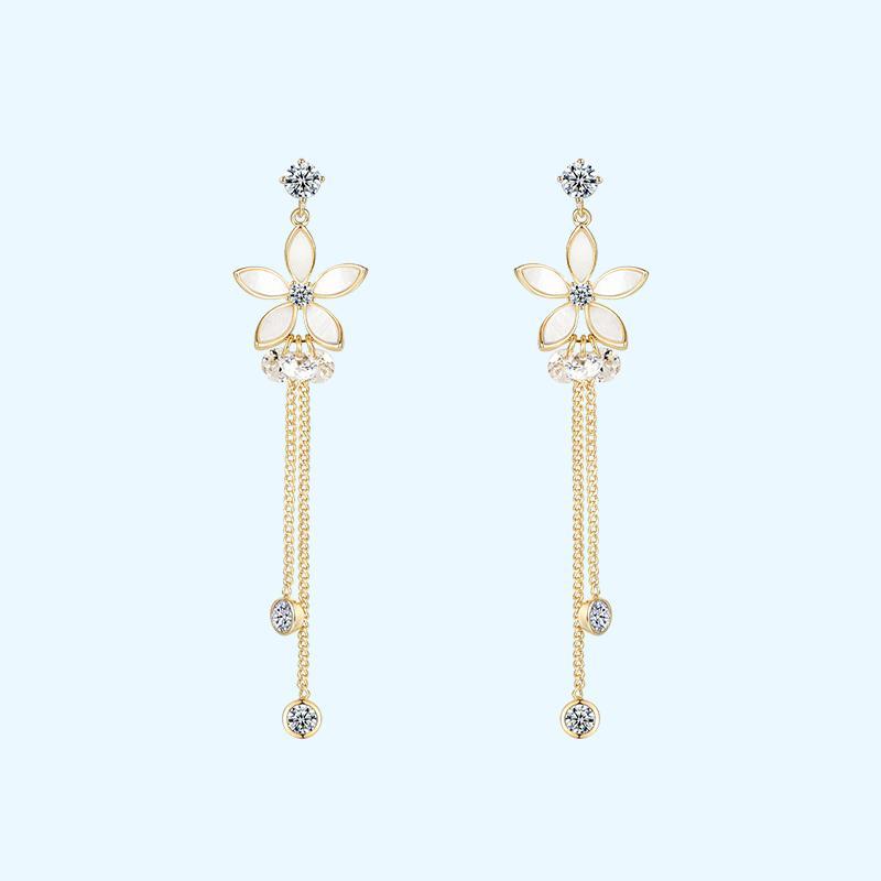 Gentle temperament, metal shell, flower, crystal tassel, ear stud, no ear hole, no pain - dianjiang-