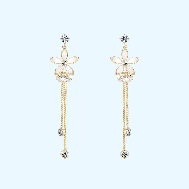 Gentle temperament, metal shell, flower, crystal tassel, ear stud, no ear hole, no pain - dianjiang-