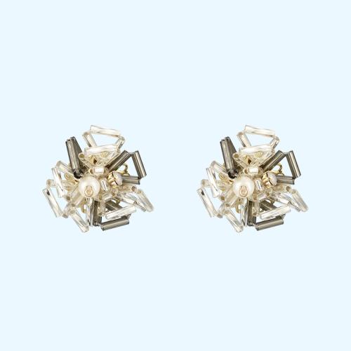 Pure hand-made two-color Gray Crystal Flower Heavy Industry Design Earrings without earholes and earclips for women without pain - dianjiang-
