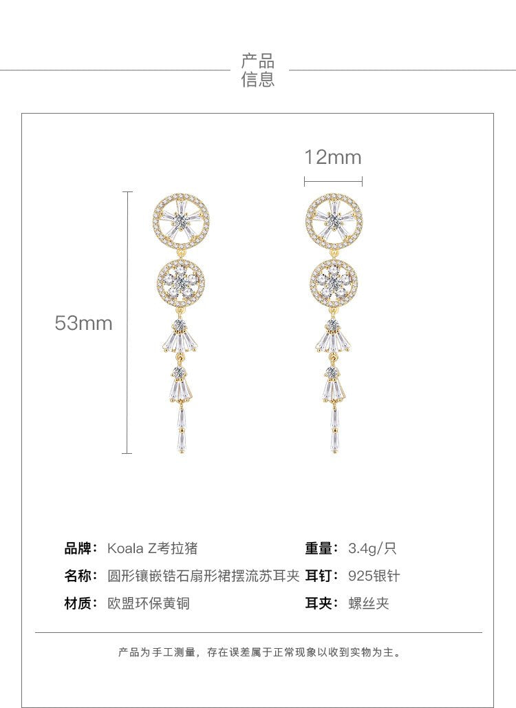 Round-set zircon hollowed-out skirt pendulum tassel earrings painless earless ear clip daily - dianjiang-