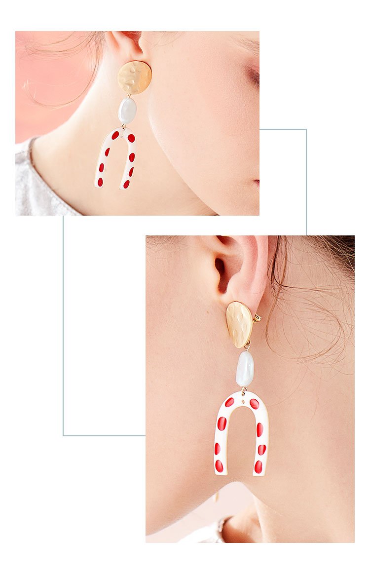 Modern retro harbor style! Hong Kong taste wave point U-shaped red glaze earrings earrings without ear holes - dianjiang-