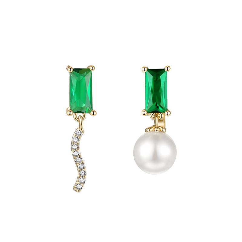 Exquisite emerald delicate zircon asymmetric emerald small pearl earrings earless girl - dianjiang-