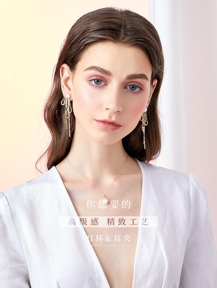 Design sense: round face, thin metal fringe, bow knot, pearl like long earring, ear clip, no ear hole, female Japan - dianjiang-