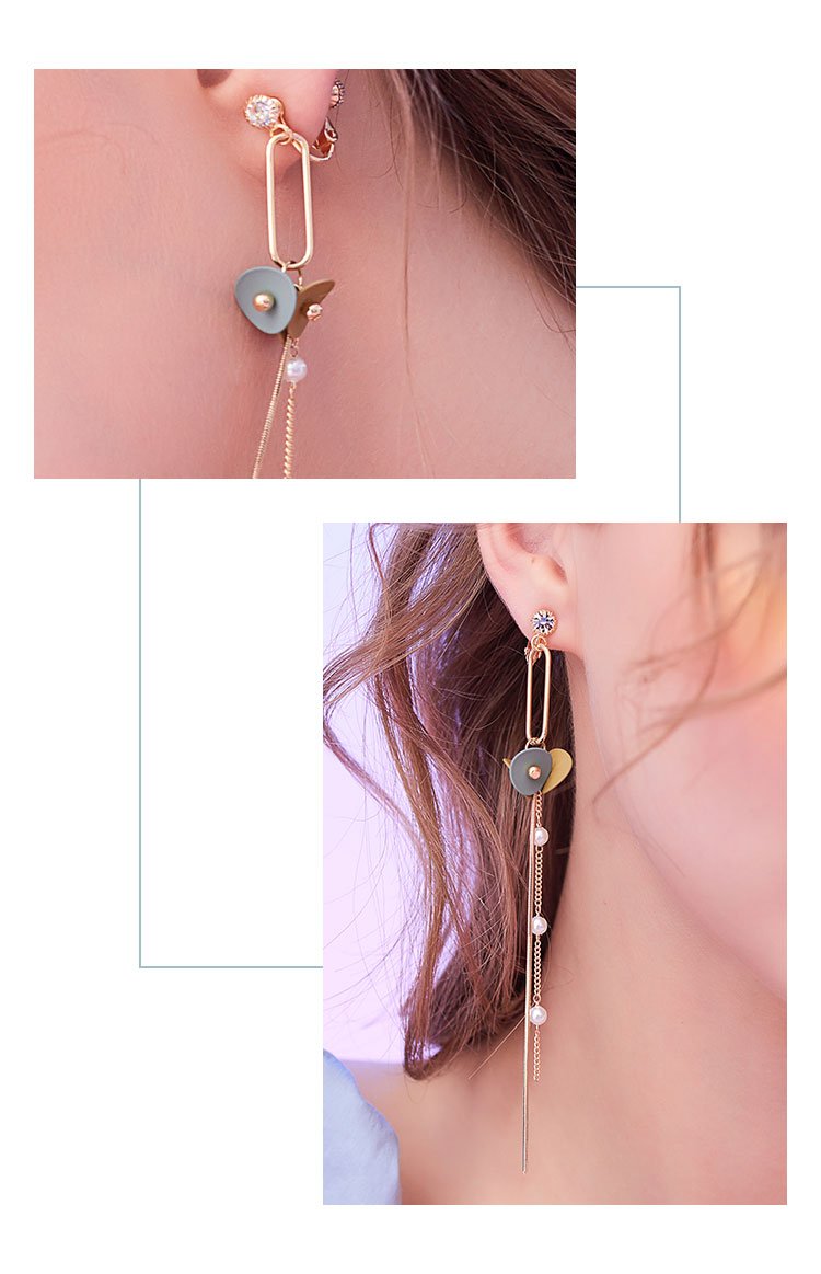 Morandi yellow-green sanded small leaves metal tassel long ear nails earless ear clip girl - dianjiang-