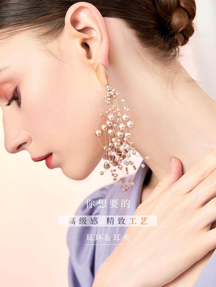 European and American personality exaggeration star champagne pearl grape string Earrings ear clip earless female long tassel round face - dianjiang-