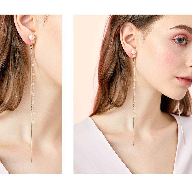 Super-long super-fairy cold light wind fairy round face thin crystal snake bone chain tassel earrings ear clip no ear hole girl - dianjiang-