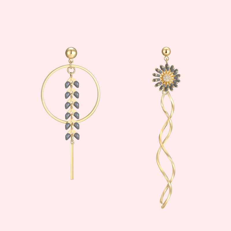 Asymmetrical fresh gentle temperament drop glaze young chrysanthemum flower wheat ear metal tassel ear nail no ear hole ear clip girl - dianjiang-