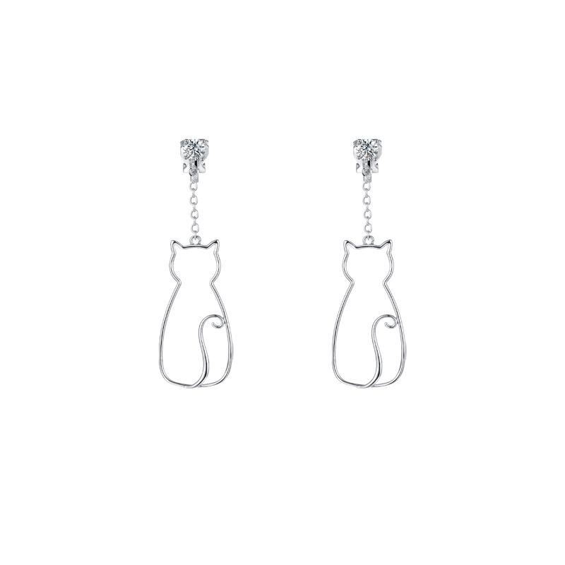 Original designer's minimalist little fresh and lovely metal openwork cat Tassel Earrings without ear holes - dianjiang-