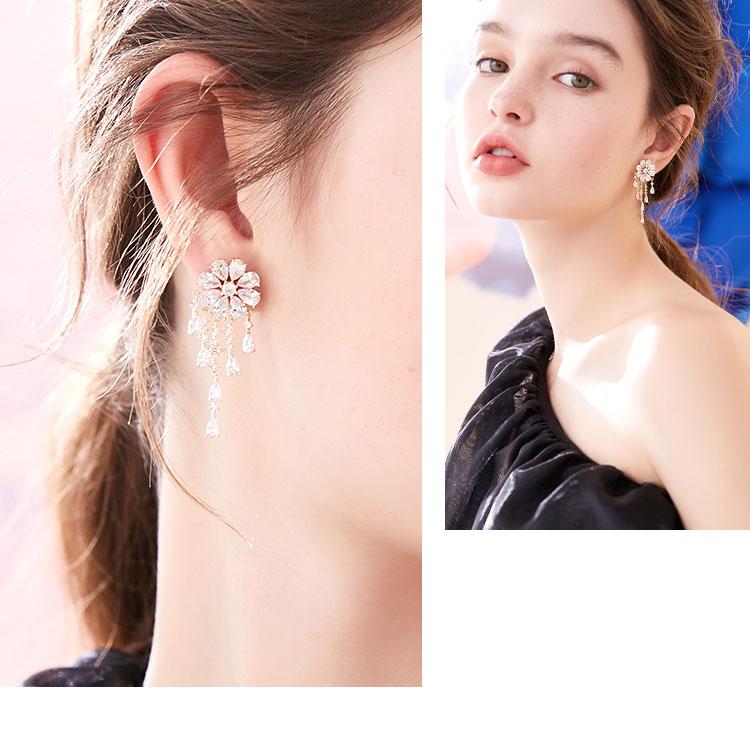 Heavy Industry Hand for 5A Zirconium Smart waterfall flower crystal tassel earrings painless earless clip girl - dianjiang-