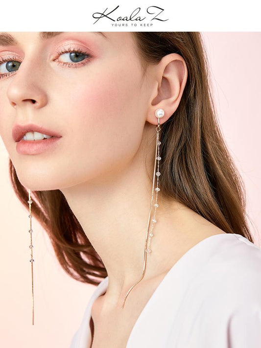 Super-long super-fairy cold light wind fairy round face thin crystal snake bone chain tassel earrings ear clip no ear hole girl - dianjiang-