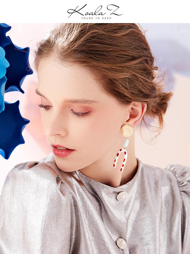 Modern retro harbor style! Hong Kong taste wave point U-shaped red glaze earrings earrings without ear holes - dianjiang-