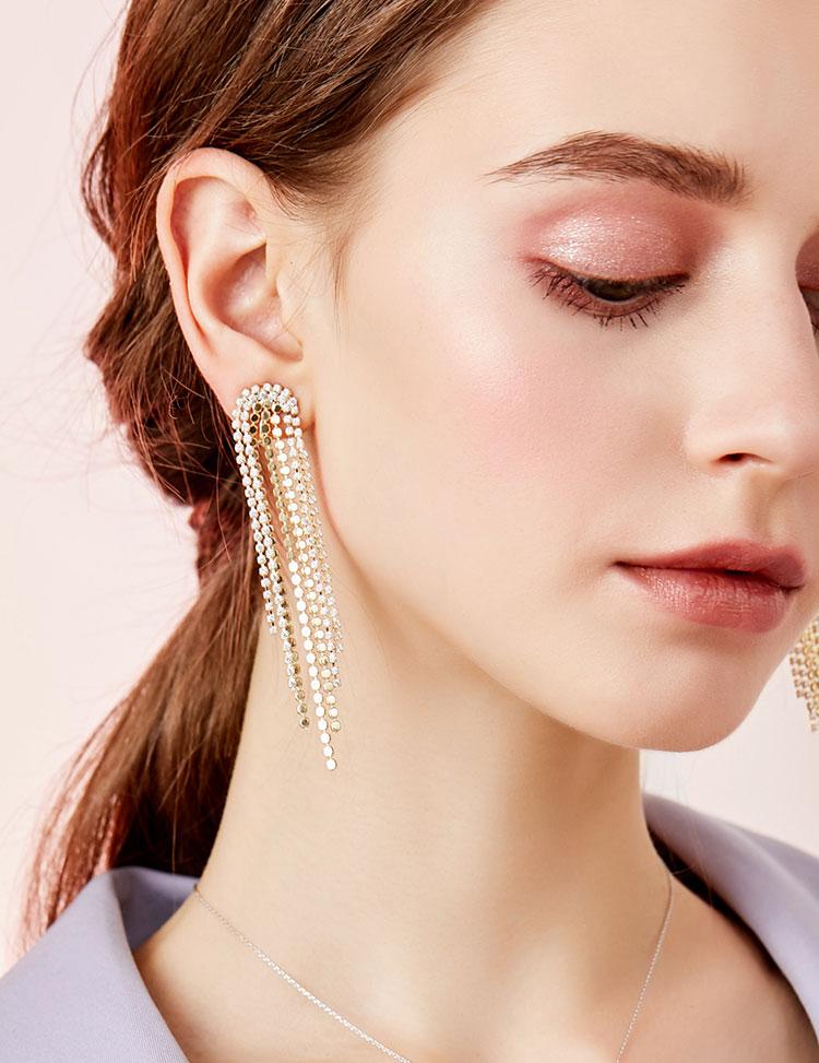 Glittering and luxurious multi-layer dinner style with diamond metal tassel long earrings and ear clips without earholes, female exaggeration in Europe and America - dianjiang-