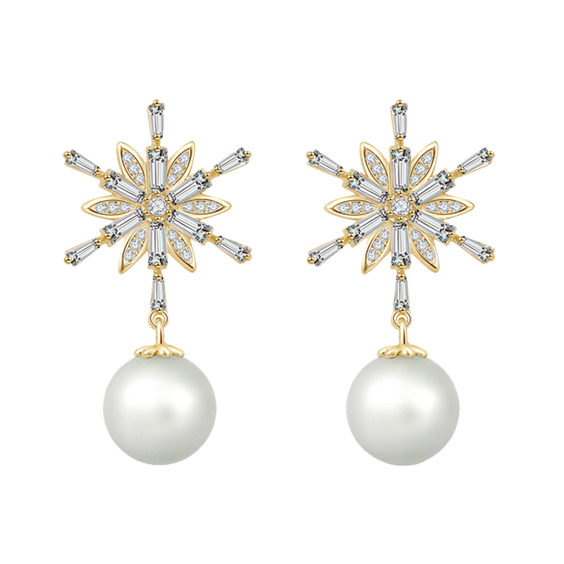 High sense of cold wind flash diamond boutique snowflake imitation pearl earrings earrings no ear hole female super fairy painless Japan - dianjiang-