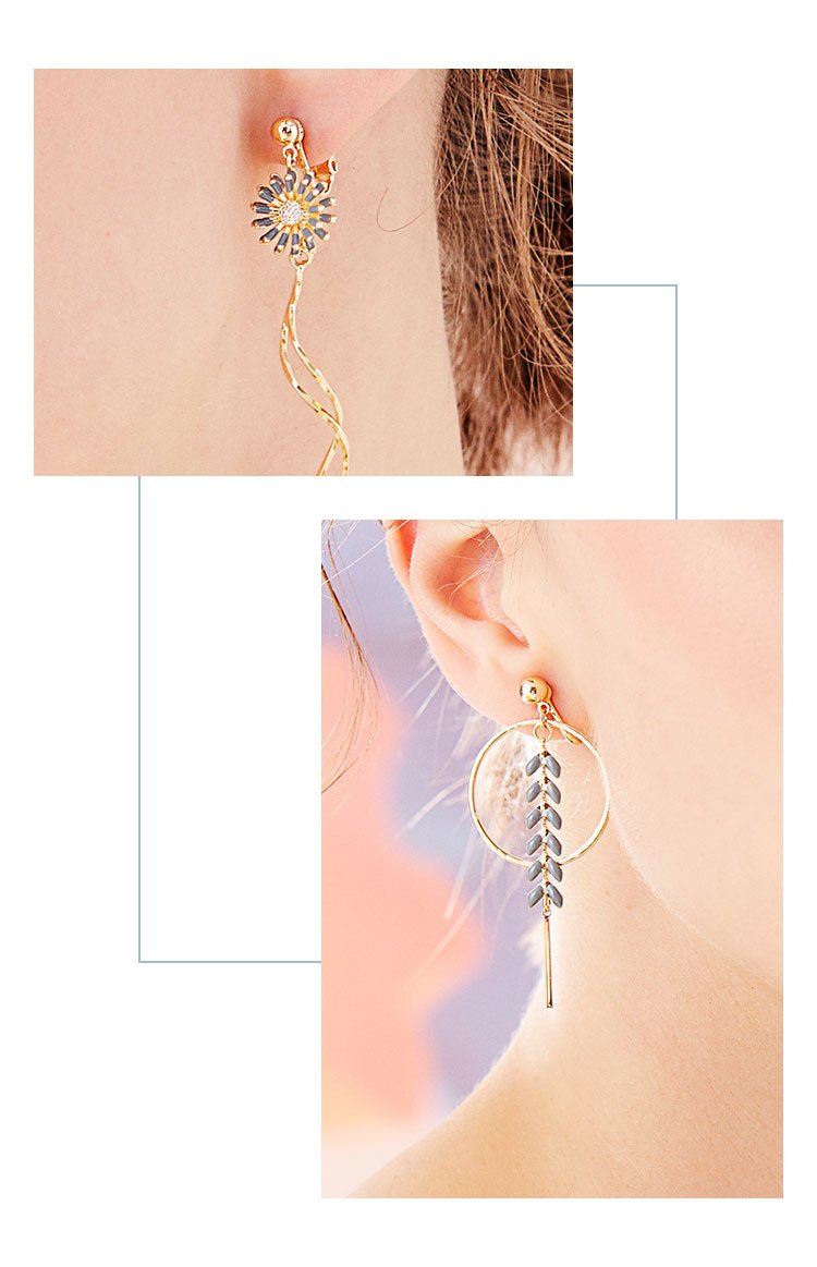 Asymmetrical fresh gentle temperament drop glaze young chrysanthemum flower wheat ear metal tassel ear nail no ear hole ear clip girl - dianjiang-