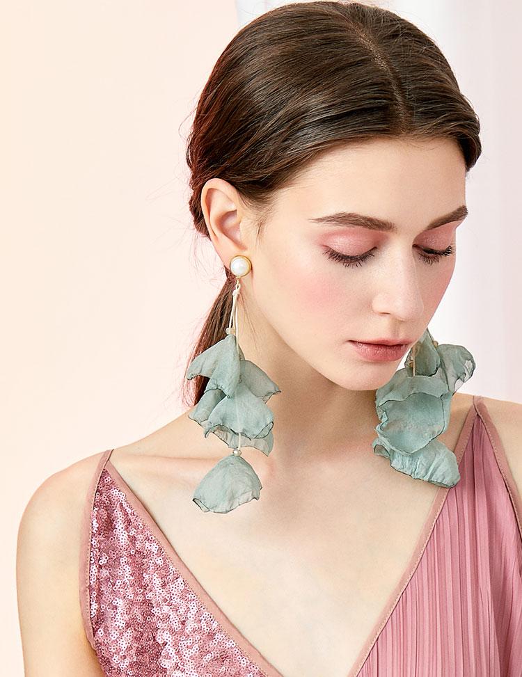 Imported Korean flowing fabric Summer refreshing chiffon fabric art flowers long flow inge earring earrings earless hole - dianjiang-