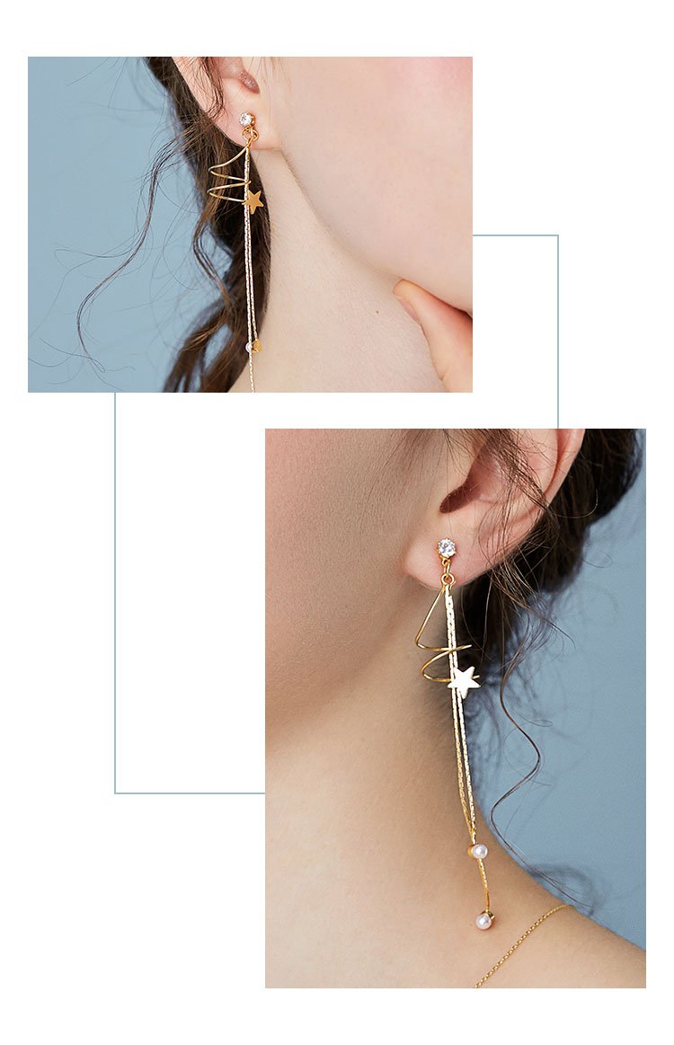 Round face slimming simple metal spiral curve stars double tassel earrings ear clip without ear hole female - dianjiang-