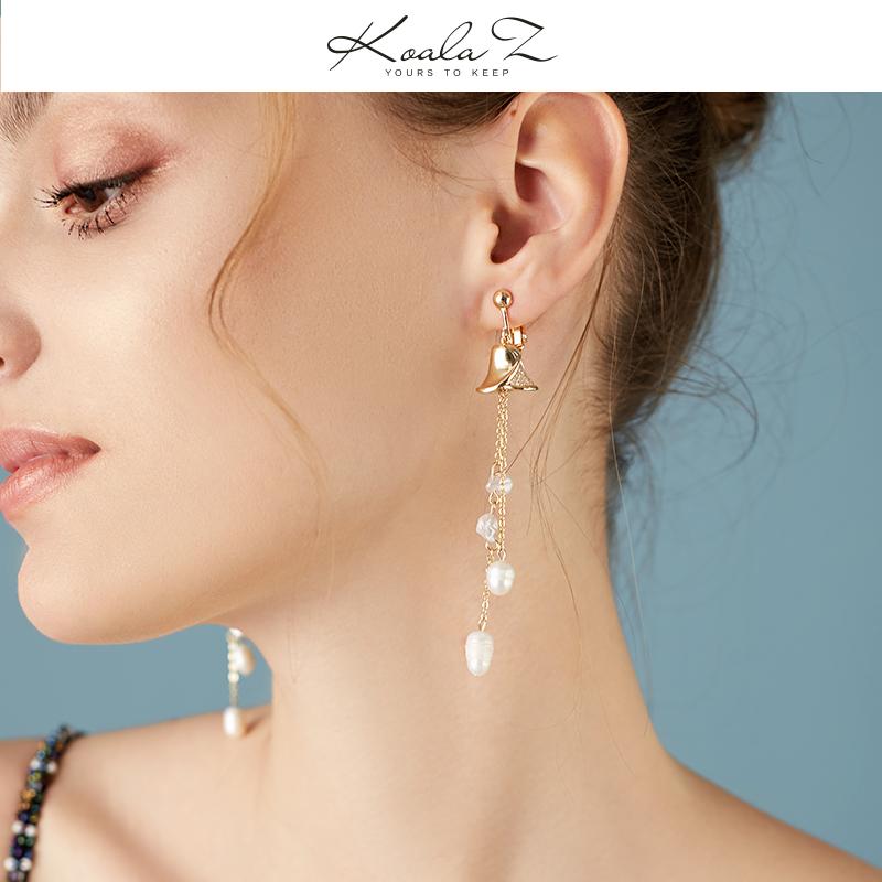 Super fairy long wind bell tassel natural pearl earrings temperament eardrop new earrings ear clip earless women cold - dianjiang-