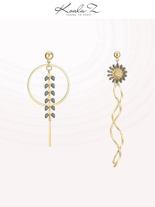 Asymmetrical fresh gentle temperament drop glaze young chrysanthemum flower wheat ear metal tassel ear nail no ear hole ear clip girl - dianjiang-