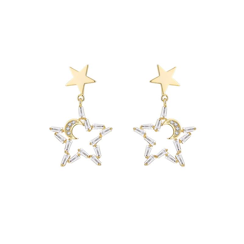 Japanese temperament little fairy five-pointed star moon crystal star moon earring earring without earhole painless earring everyday Joker - dianjiang-