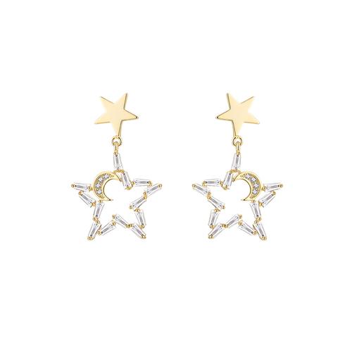 Japanese temperament little fairy five-pointed star moon crystal star moon earring earring without earhole painless earring everyday Joker - dianjiang-