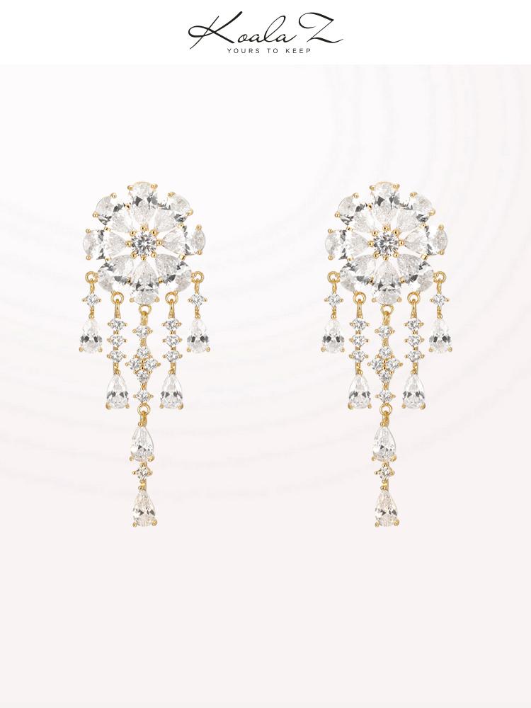 Heavy Industry Hand for 5A Zirconium Smart waterfall flower crystal tassel earrings painless earless clip girl - dianjiang-