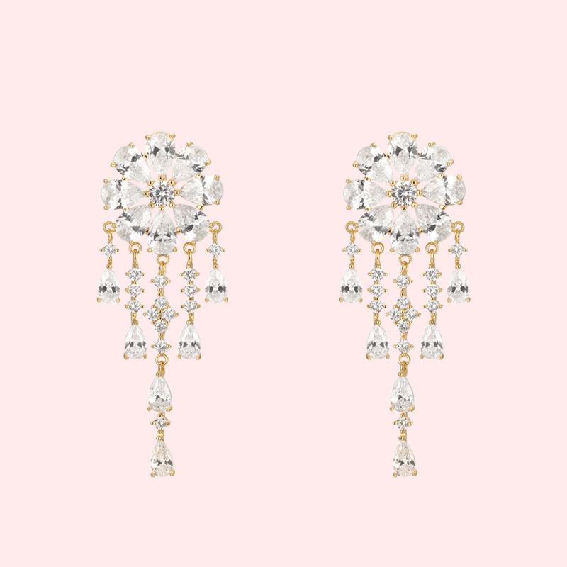 Heavy Industry Hand for 5A Zirconium Smart waterfall flower crystal tassel earrings painless earless clip girl - dianjiang-