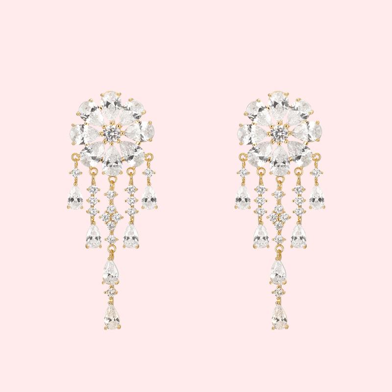 Heavy Industry Hand for 5A Zirconium Smart waterfall flower crystal tassel earrings painless earless clip girl - dianjiang-