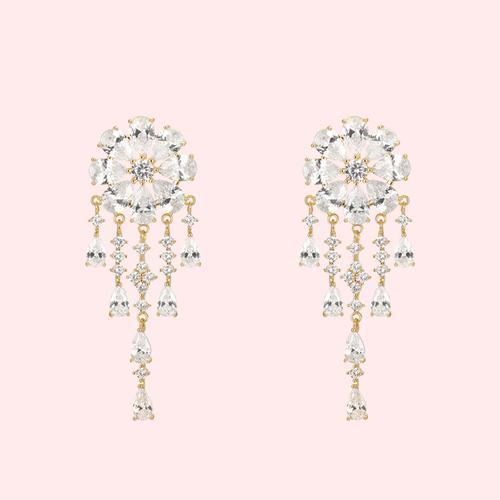 重工手作 5A锆石 灵动瀑布花朵水晶流苏耳钉耳环无痛无耳洞耳夹女 - dianjiang-