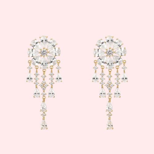 Heavy Industry Hand for 5A Zirconium Smart waterfall flower crystal tassel earrings painless earless clip girl - dianjiang-