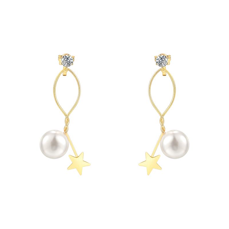 Simple design, wire wound, metal star, pearl ear stud, no ear hole, ear clip, women's pain free, everyday versatile - dianjiang-