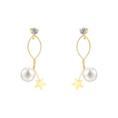 Simple design, wire wound, metal star, pearl ear stud, no ear hole, ear clip, women's pain free, everyday versatile - dianjiang-