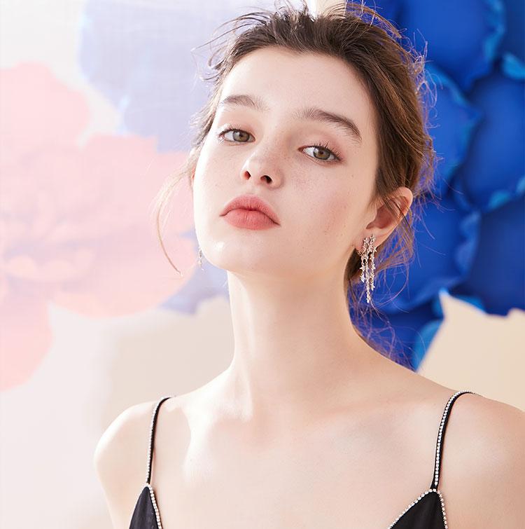 Medium-length round face thin silver stitching missing angle pentagon star flow su ear nail no ear hole ear clip female painless - dianjiang-