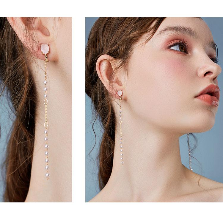 Gentle protein powder Long pink crystal pearl tassel earrings no ear hole female super fairy - dianjiang-